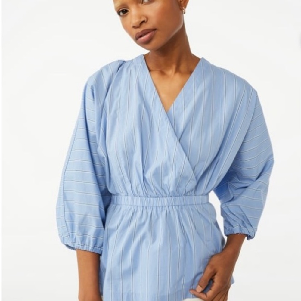 Elegant Blue Striped Blouse Elastic Waist and Puffy 3/4 Sleeves